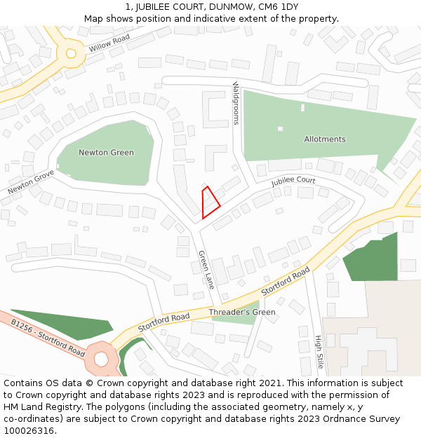 1, JUBILEE COURT, DUNMOW, CM6 1DY: Location map and indicative extent of plot