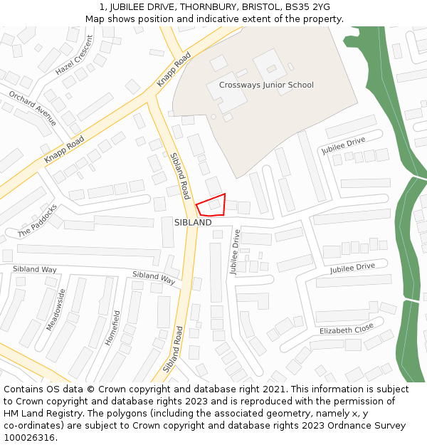1, JUBILEE DRIVE, THORNBURY, BRISTOL, BS35 2YG: Location map and indicative extent of plot
