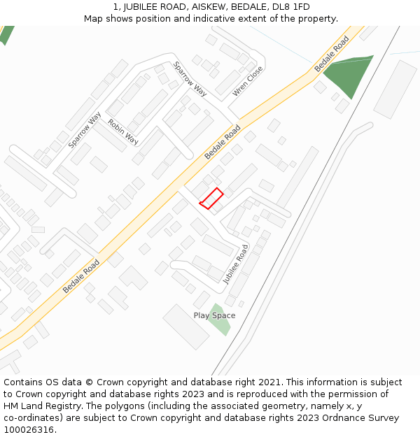 1, JUBILEE ROAD, AISKEW, BEDALE, DL8 1FD: Location map and indicative extent of plot