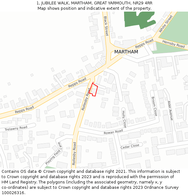 1, JUBILEE WALK, MARTHAM, GREAT YARMOUTH, NR29 4RR: Location map and indicative extent of plot