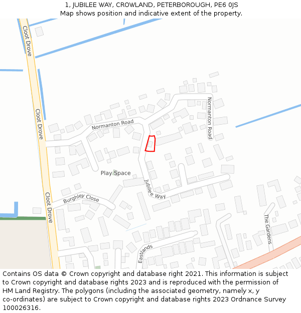 1, JUBILEE WAY, CROWLAND, PETERBOROUGH, PE6 0JS: Location map and indicative extent of plot