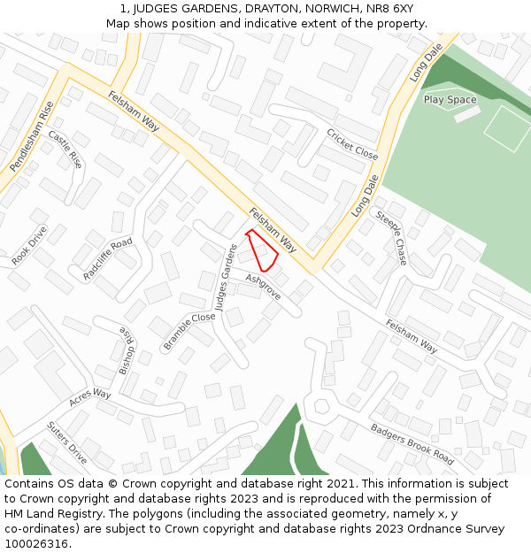 1, JUDGES GARDENS, DRAYTON, NORWICH, NR8 6XY: Location map and indicative extent of plot