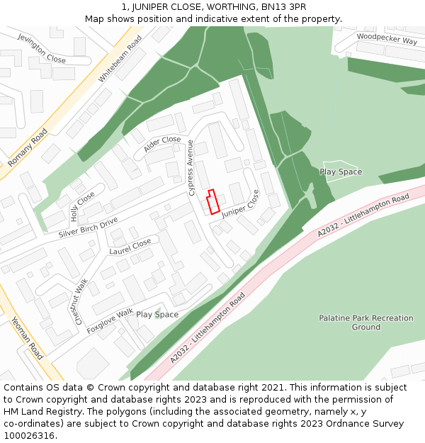 1, JUNIPER CLOSE, WORTHING, BN13 3PR: Location map and indicative extent of plot