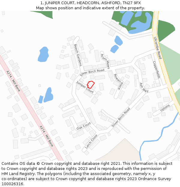 1, JUNIPER COURT, HEADCORN, ASHFORD, TN27 9FX: Location map and indicative extent of plot