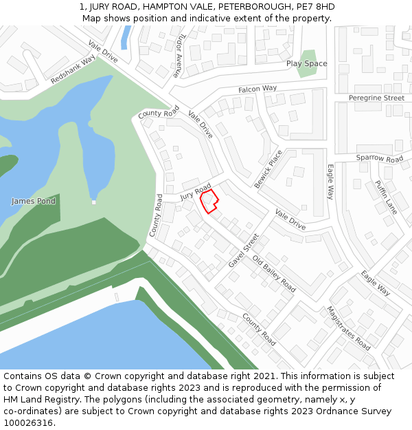 1, JURY ROAD, HAMPTON VALE, PETERBOROUGH, PE7 8HD: Location map and indicative extent of plot