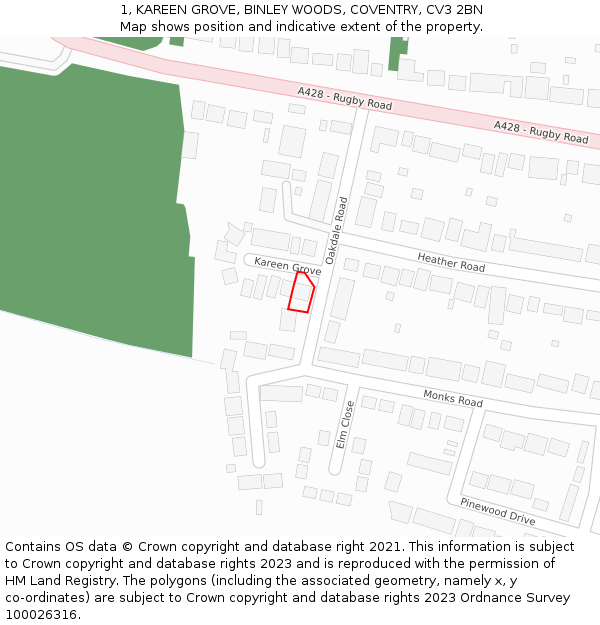 1, KAREEN GROVE, BINLEY WOODS, COVENTRY, CV3 2BN: Location map and indicative extent of plot