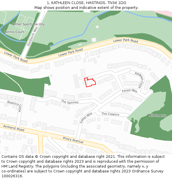 1, KATHLEEN CLOSE, HASTINGS, TN34 1DG: Location map and indicative extent of plot