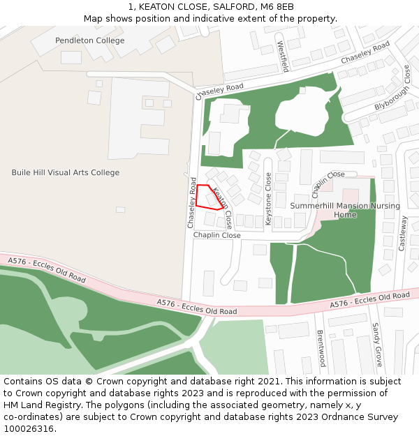 1, KEATON CLOSE, SALFORD, M6 8EB: Location map and indicative extent of plot