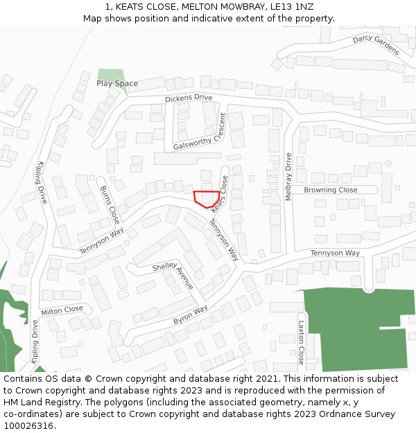 1, KEATS CLOSE, MELTON MOWBRAY, LE13 1NZ: Location map and indicative extent of plot
