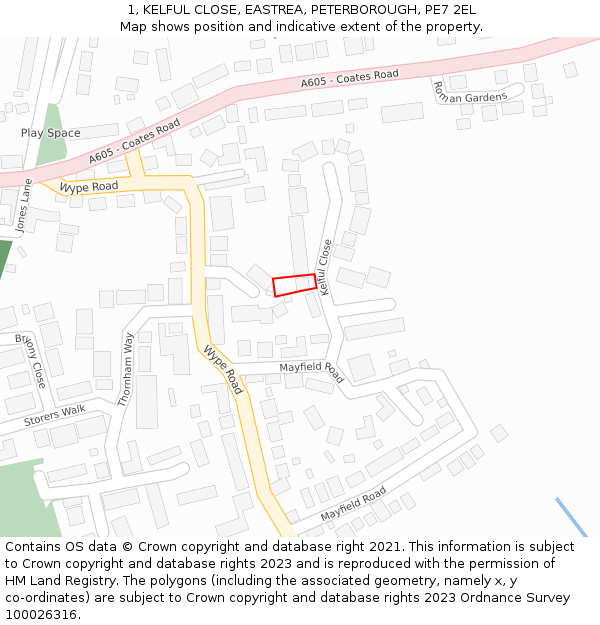 1, KELFUL CLOSE, EASTREA, PETERBOROUGH, PE7 2EL: Location map and indicative extent of plot