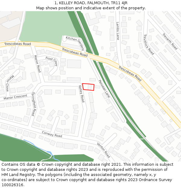 1, KELLEY ROAD, FALMOUTH, TR11 4JR: Location map and indicative extent of plot