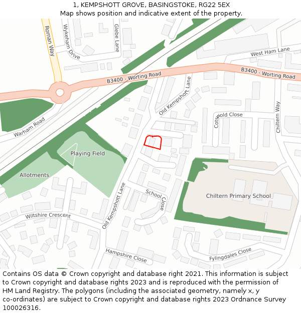 1, KEMPSHOTT GROVE, BASINGSTOKE, RG22 5EX: Location map and indicative extent of plot
