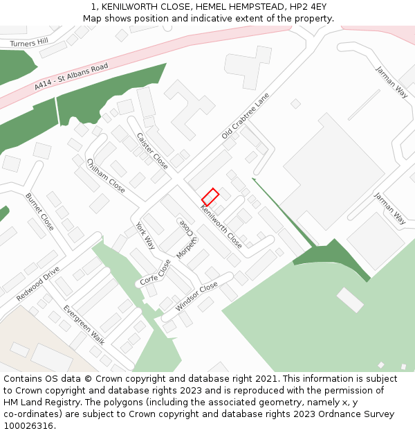1, KENILWORTH CLOSE, HEMEL HEMPSTEAD, HP2 4EY: Location map and indicative extent of plot