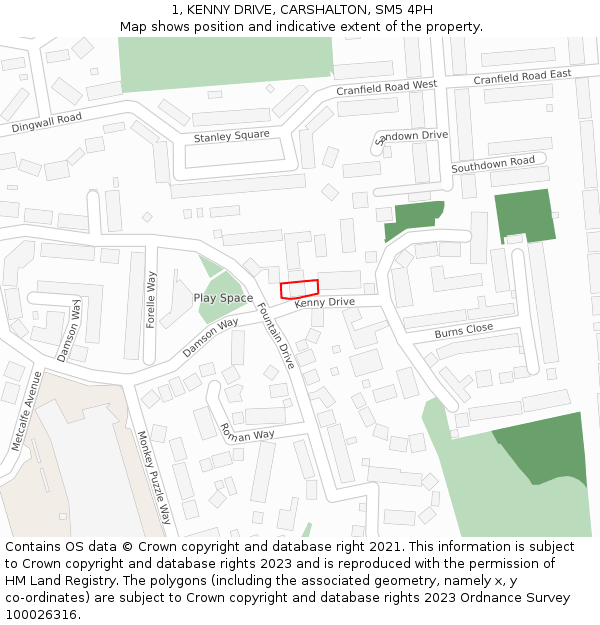 1, KENNY DRIVE, CARSHALTON, SM5 4PH: Location map and indicative extent of plot