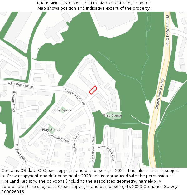 1, KENSINGTON CLOSE, ST LEONARDS-ON-SEA, TN38 9TL: Location map and indicative extent of plot