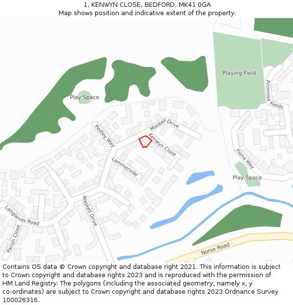 1, KENWYN CLOSE, BEDFORD, MK41 0GA: Location map and indicative extent of plot