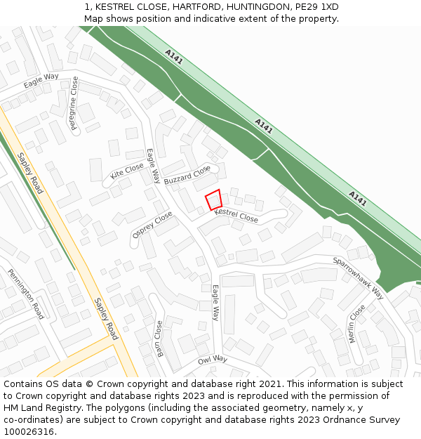 1, KESTREL CLOSE, HARTFORD, HUNTINGDON, PE29 1XD: Location map and indicative extent of plot