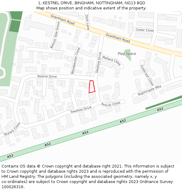 1, KESTREL DRIVE, BINGHAM, NOTTINGHAM, NG13 8QD: Location map and indicative extent of plot