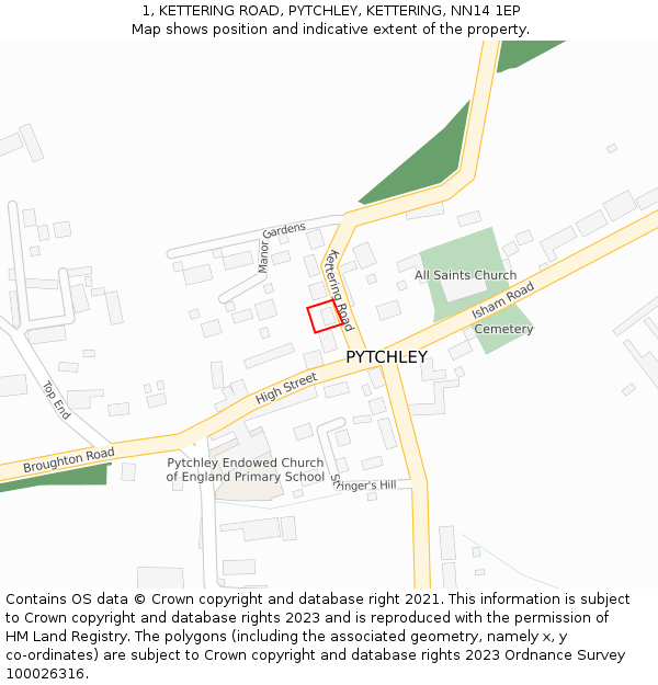 1, KETTERING ROAD, PYTCHLEY, KETTERING, NN14 1EP: Location map and indicative extent of plot