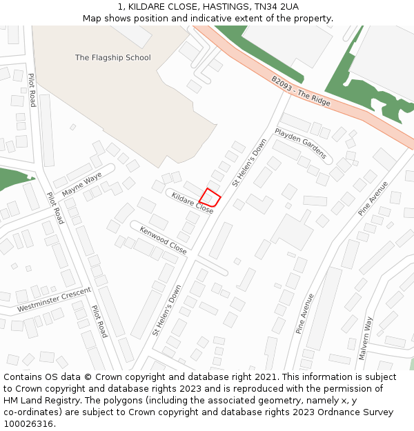 1, KILDARE CLOSE, HASTINGS, TN34 2UA: Location map and indicative extent of plot