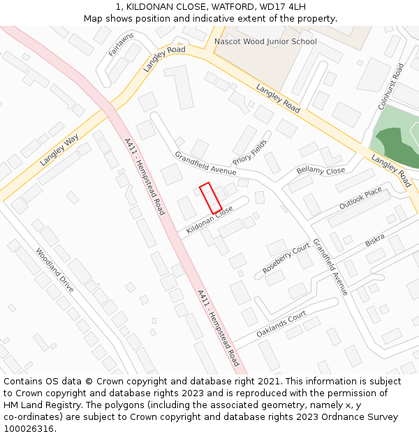 1, KILDONAN CLOSE, WATFORD, WD17 4LH: Location map and indicative extent of plot