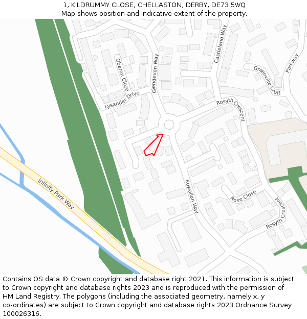 1, KILDRUMMY CLOSE, CHELLASTON, DERBY, DE73 5WQ: Location map and indicative extent of plot