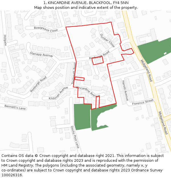 1, KINCARDINE AVENUE, BLACKPOOL, FY4 5NN: Location map and indicative extent of plot