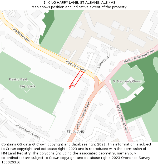 1, KING HARRY LANE, ST ALBANS, AL3 4AS: Location map and indicative extent of plot