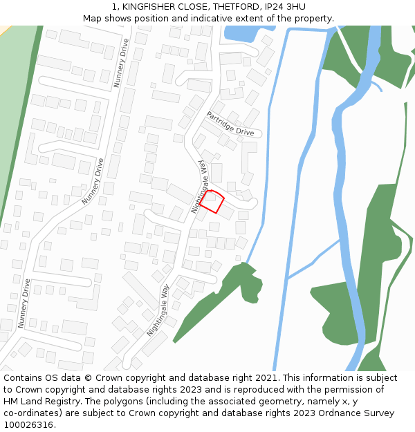 1, KINGFISHER CLOSE, THETFORD, IP24 3HU: Location map and indicative extent of plot