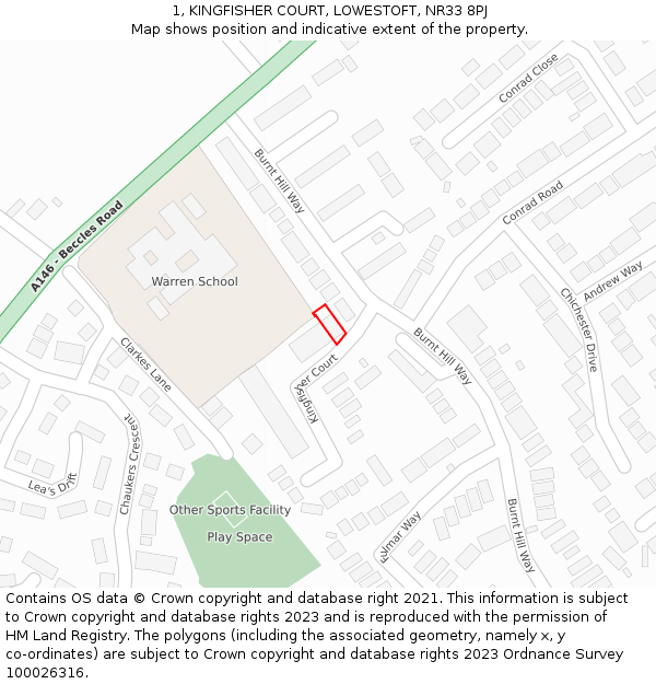 1, KINGFISHER COURT, LOWESTOFT, NR33 8PJ: Location map and indicative extent of plot