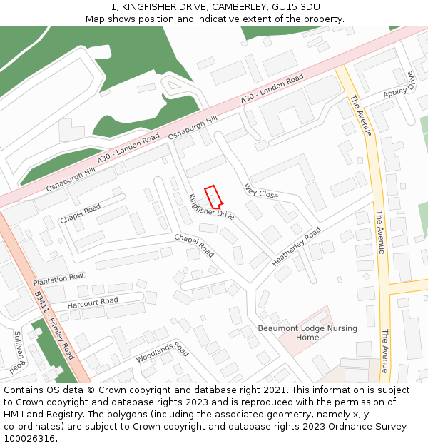 1, KINGFISHER DRIVE, CAMBERLEY, GU15 3DU: Location map and indicative extent of plot