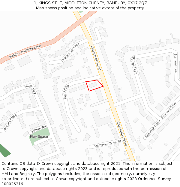 1, KINGS STILE, MIDDLETON CHENEY, BANBURY, OX17 2QZ: Location map and indicative extent of plot