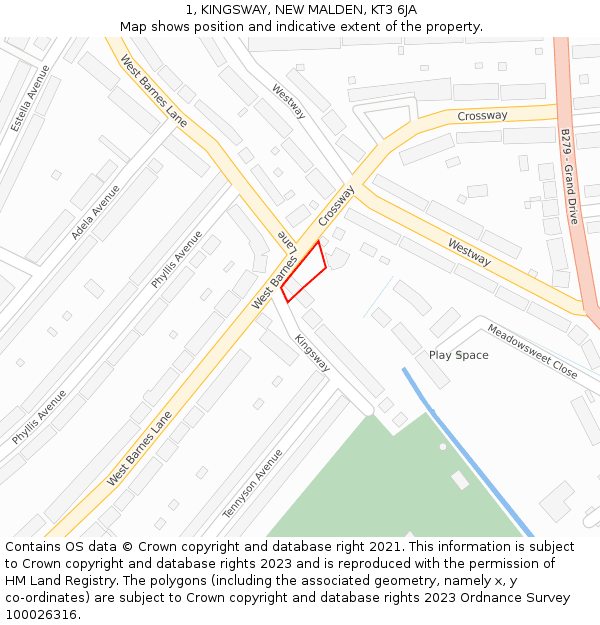 1, KINGSWAY, NEW MALDEN, KT3 6JA: Location map and indicative extent of plot