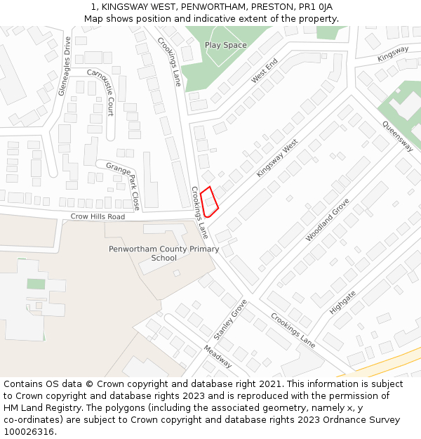 1, KINGSWAY WEST, PENWORTHAM, PRESTON, PR1 0JA: Location map and indicative extent of plot