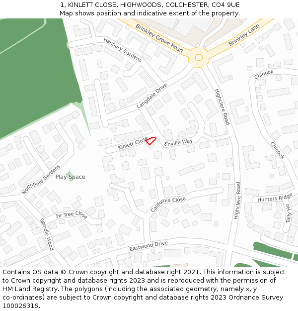 1, KINLETT CLOSE, HIGHWOODS, COLCHESTER, CO4 9UE: Location map and indicative extent of plot