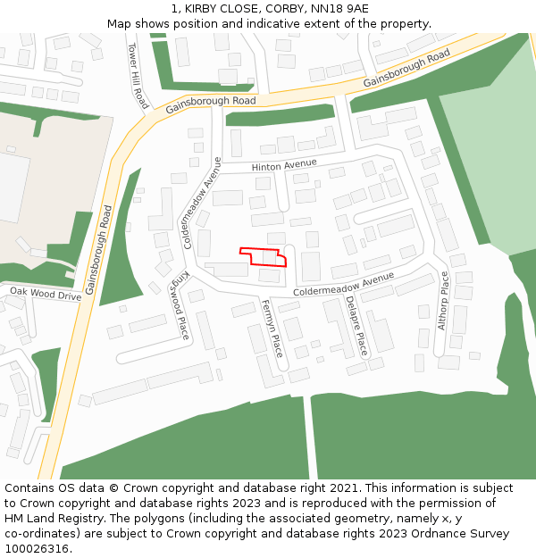 1, KIRBY CLOSE, CORBY, NN18 9AE: Location map and indicative extent of plot