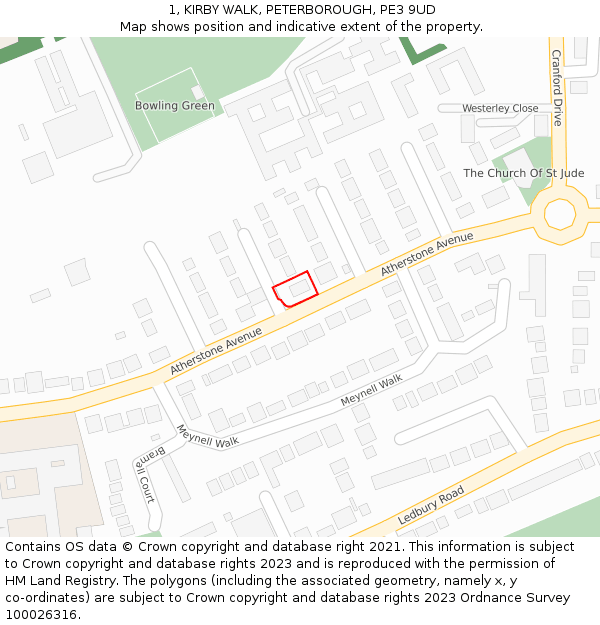 1, KIRBY WALK, PETERBOROUGH, PE3 9UD: Location map and indicative extent of plot