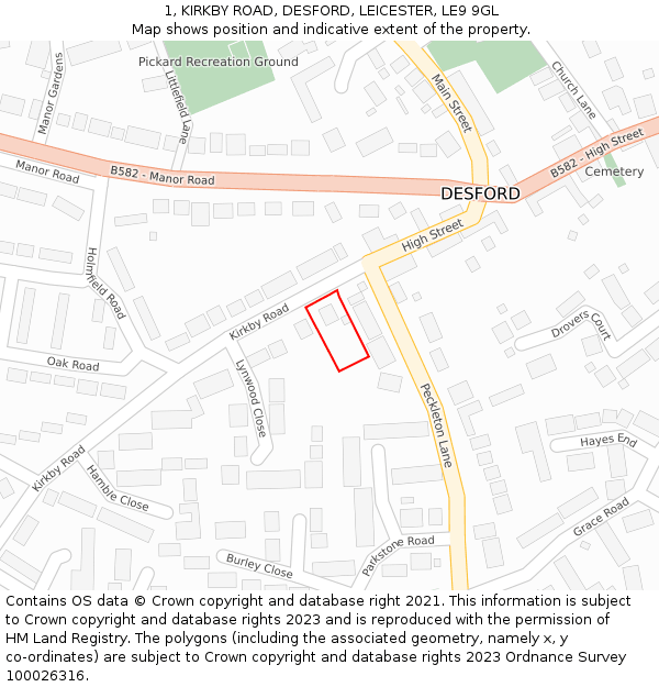 1, KIRKBY ROAD, DESFORD, LEICESTER, LE9 9GL: Location map and indicative extent of plot