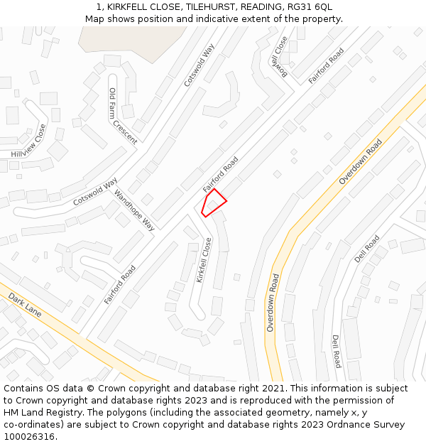 1, KIRKFELL CLOSE, TILEHURST, READING, RG31 6QL: Location map and indicative extent of plot
