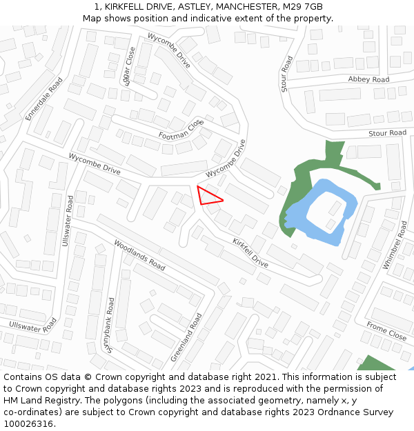 1, KIRKFELL DRIVE, ASTLEY, MANCHESTER, M29 7GB: Location map and indicative extent of plot