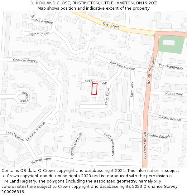 1, KIRKLAND CLOSE, RUSTINGTON, LITTLEHAMPTON, BN16 2QZ: Location map and indicative extent of plot