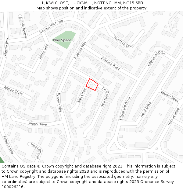 1, KIWI CLOSE, HUCKNALL, NOTTINGHAM, NG15 6RB: Location map and indicative extent of plot