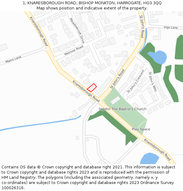 1, KNARESBOROUGH ROAD, BISHOP MONKTON, HARROGATE, HG3 3QQ: Location map and indicative extent of plot