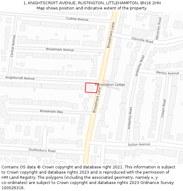 1, KNIGHTSCROFT AVENUE, RUSTINGTON, LITTLEHAMPTON, BN16 2HN: Location map and indicative extent of plot