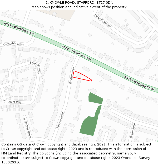 1, KNOWLE ROAD, STAFFORD, ST17 0DN: Location map and indicative extent of plot