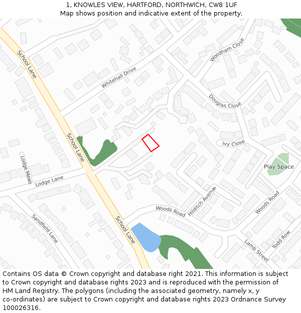 1, KNOWLES VIEW, HARTFORD, NORTHWICH, CW8 1UF: Location map and indicative extent of plot