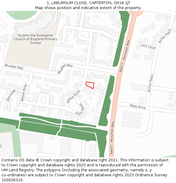 1, LABURNUM CLOSE, CARTERTON, OX18 1JT: Location map and indicative extent of plot