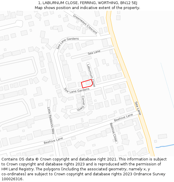 1, LABURNUM CLOSE, FERRING, WORTHING, BN12 5EJ: Location map and indicative extent of plot