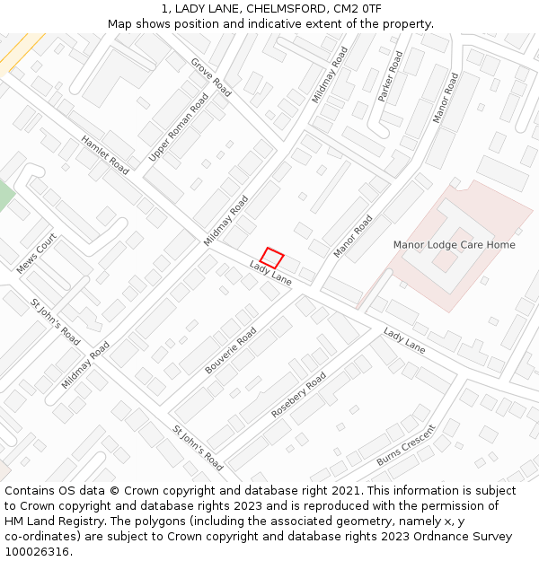 1, LADY LANE, CHELMSFORD, CM2 0TF: Location map and indicative extent of plot