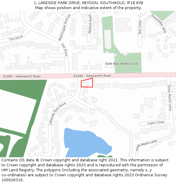 1, LAKESIDE PARK DRIVE, REYDON, SOUTHWOLD, IP18 6YB: Location map and indicative extent of plot